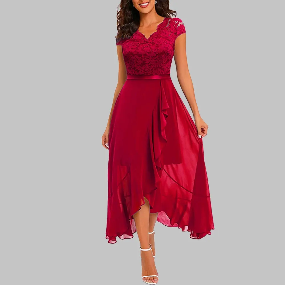 Summer New Evening Party Dress Women Elegant Fashion Sleeveless Lace Spliced Chiffon Ruffled Irregular Hem Long Dresses Cocktail