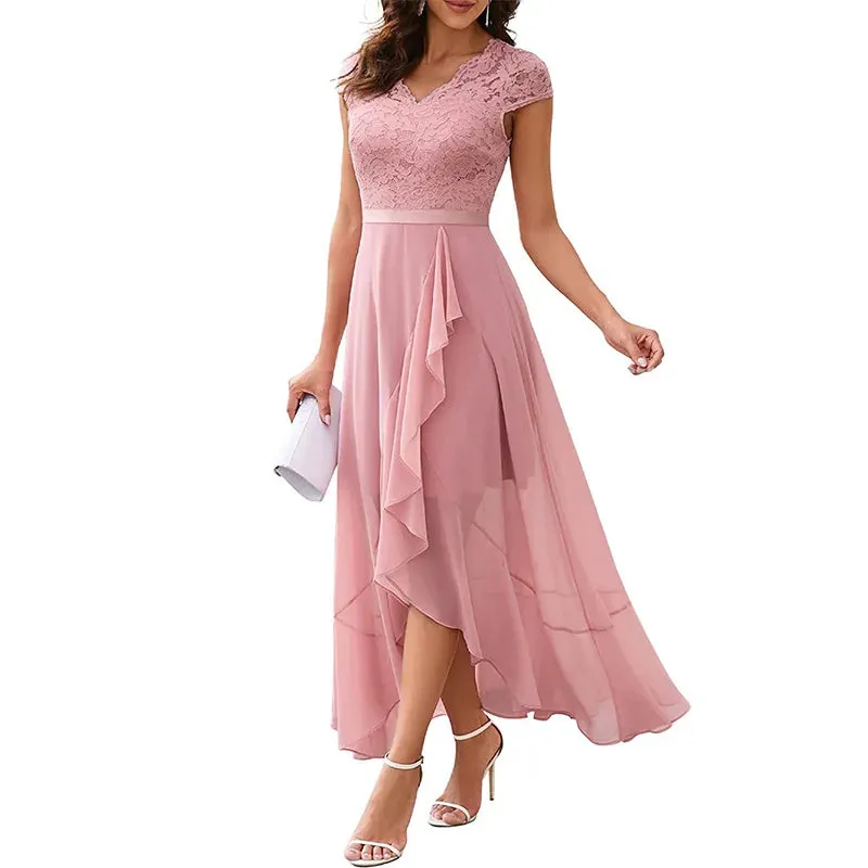 V Neck Gold Shiny Party Dress Women Spring Patchwork Ruffles Chiffon Irregular Dress Summer Short Sleeve Long Beach Dresses