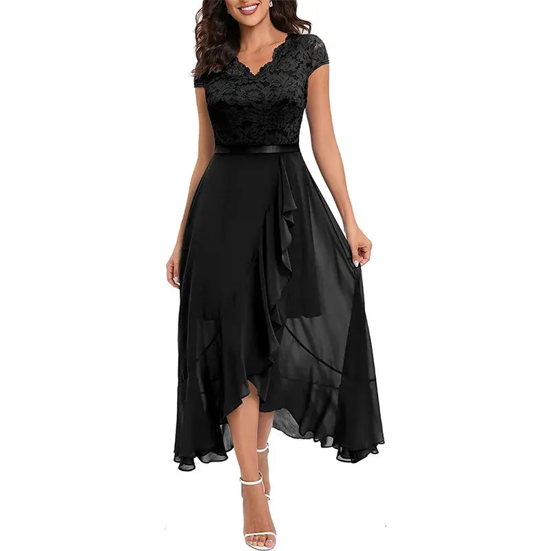 V Neck Gold Shiny Party Dress Women Spring Patchwork Ruffles Chiffon Irregular Dress Summer Short Sleeve Long Beach Dresses