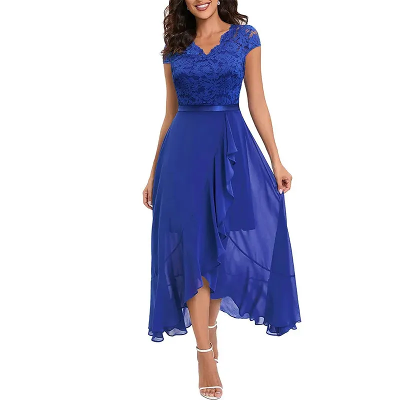 V Neck Gold Shiny Party Dress Women Spring Patchwork Ruffles Chiffon Irregular Dress Summer Short Sleeve Long Beach Dresses