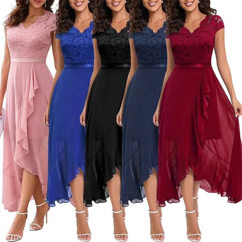 V Neck Gold Shiny Party Dress Women Spring Patchwork Ruffles Chiffon Irregular Dress Summer Short Sleeve Long Beach Dresses